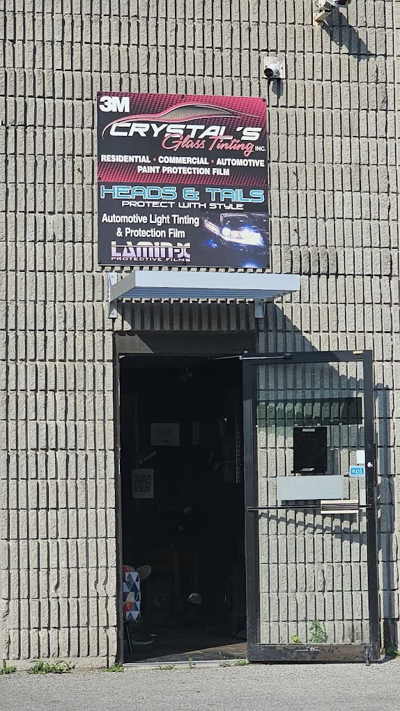Crystal's Auto Tinting shop front door at 438 Dunlop St W in Barrie